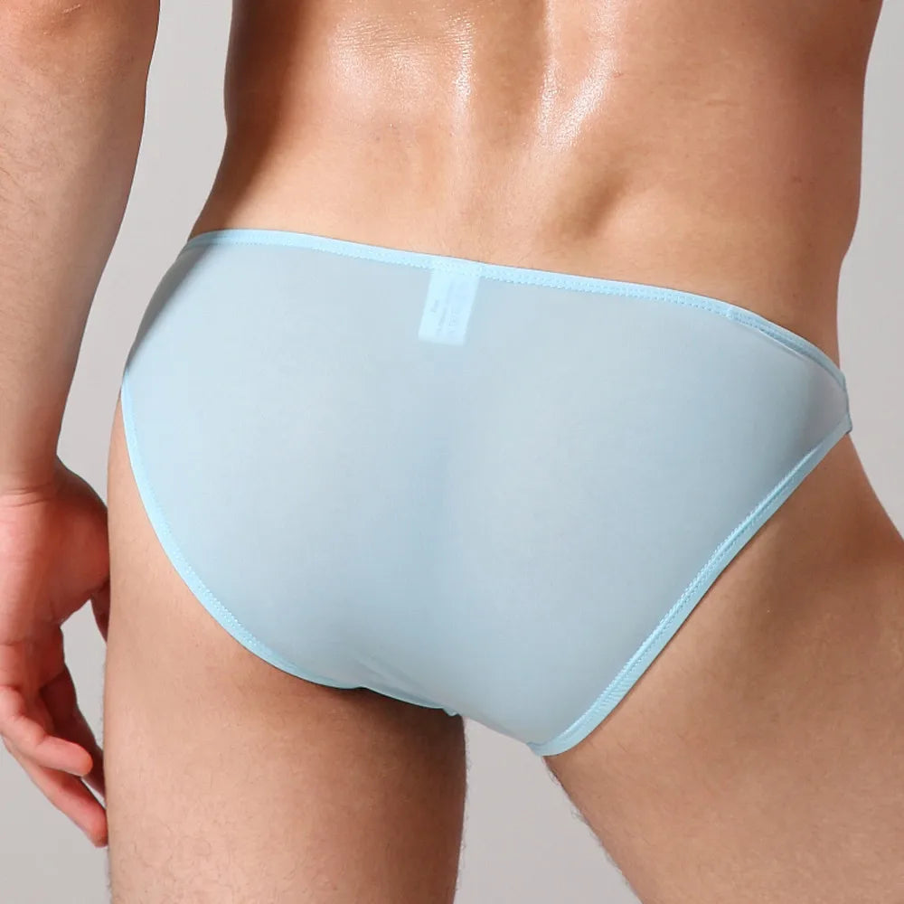Mens Underwear Transparent Sexy Briefs Solid Color Ice Silk Low-Rise Underwear Thin and Comfortable Lingerie